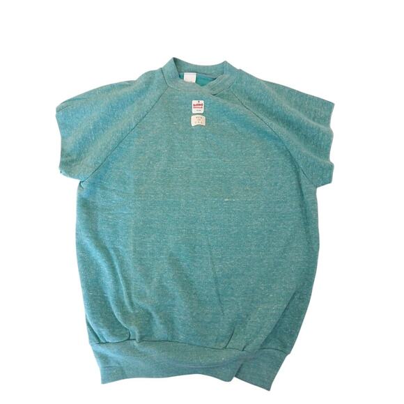 Vintage 1970s 1980s Healthknit USA Made XL TEAL Short Sleeve MUSCLE Sweatshirt - Picture 1 of 16